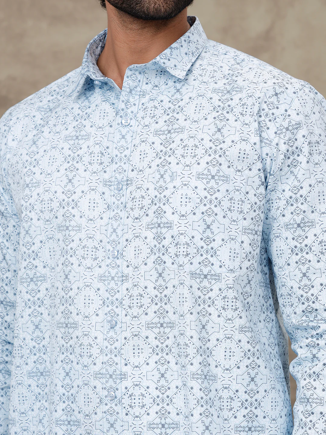 Men Aqua Blue Matching Border Dhoti With Printed Shirt Set Fusion PS2 - Image 3
