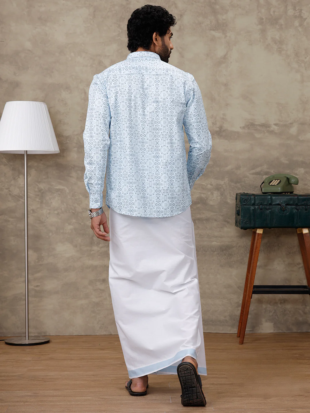 Men Aqua Blue Matching Border Dhoti With Printed Shirt Set Fusion PS2 - Image 5