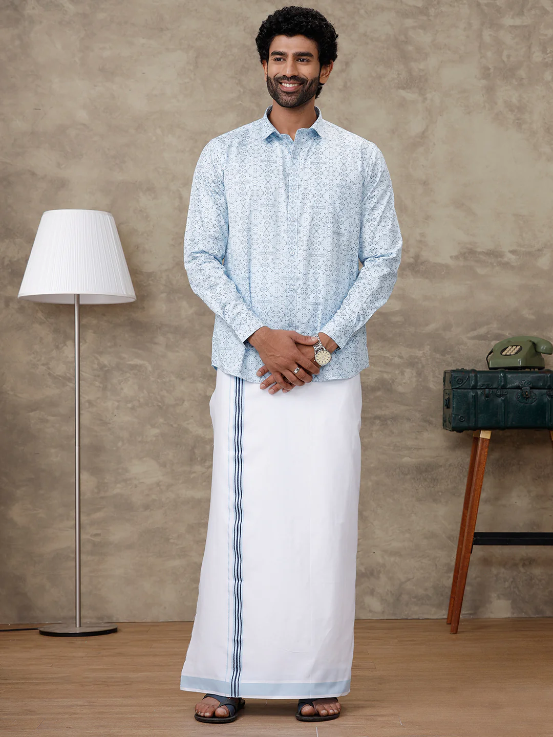 Men Aqua Blue Matching Border Dhoti With Printed Shirt Set Fusion PS2 - Image 6