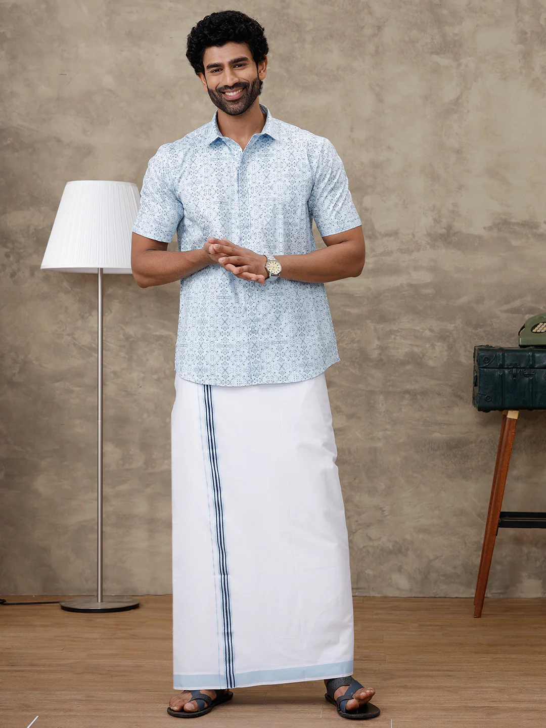 Men Aqua Blue Matching Border Dhoti With Printed Shirt Set Fusion PS2 - Image 7