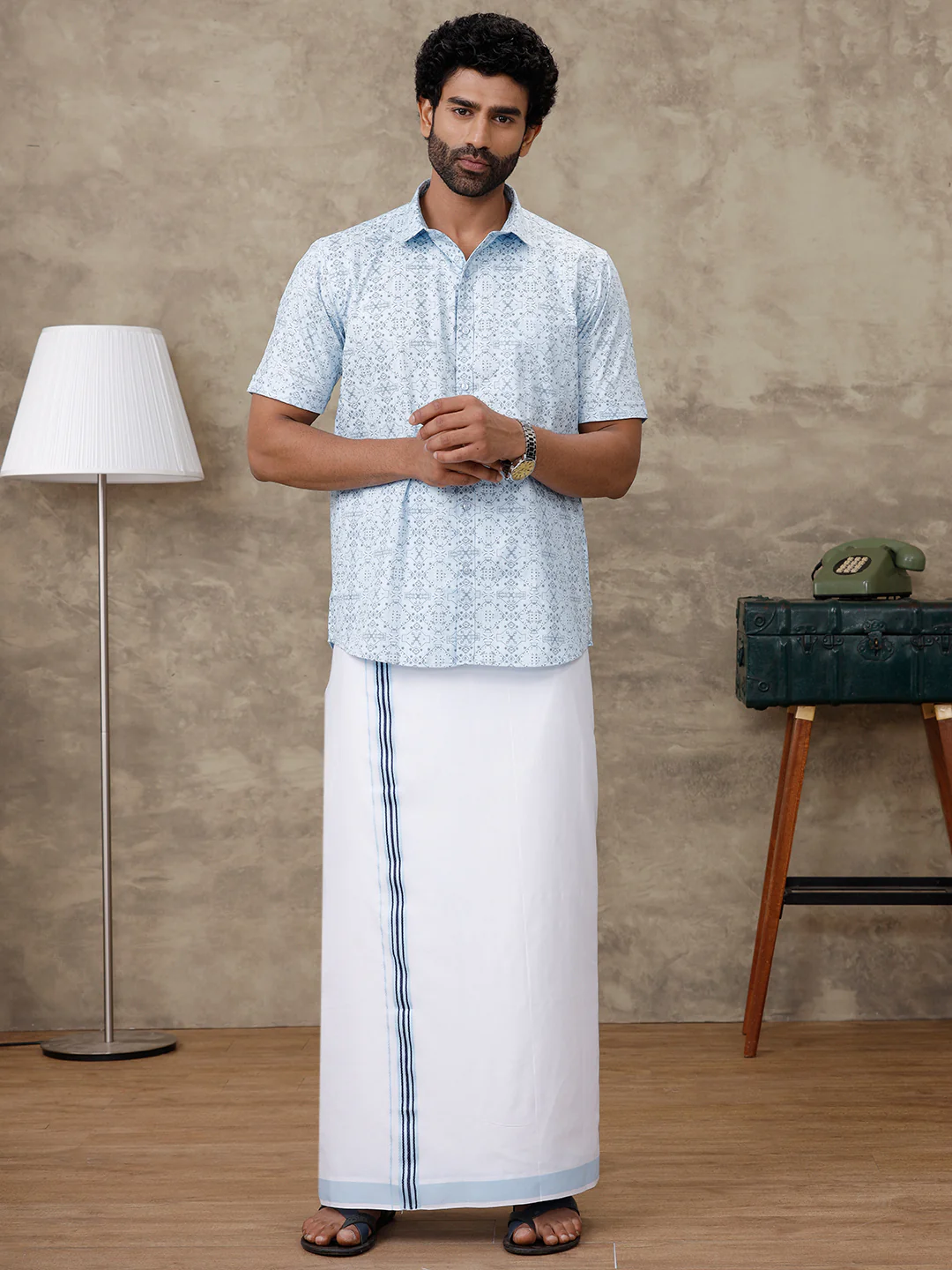 Men Aqua Blue Matching Border Dhoti With Printed Shirt Set Fusion PS2 - Image 8