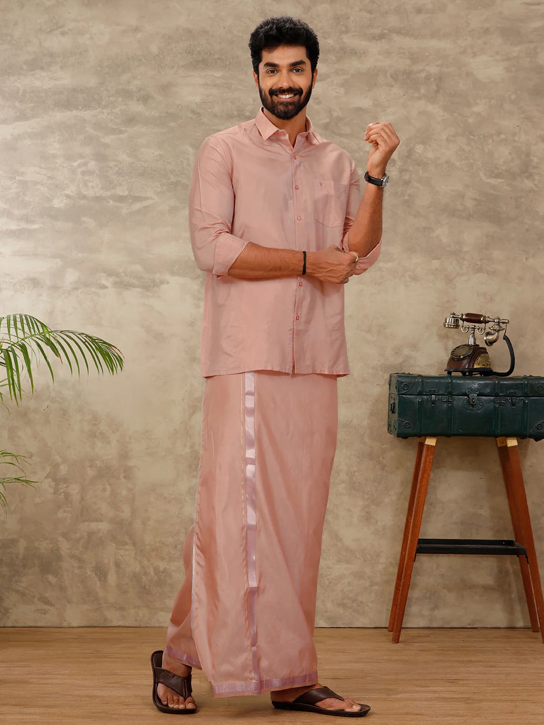 Men Art Silk Copper Shirt & Dhoti Set Swayamvara - Image 2