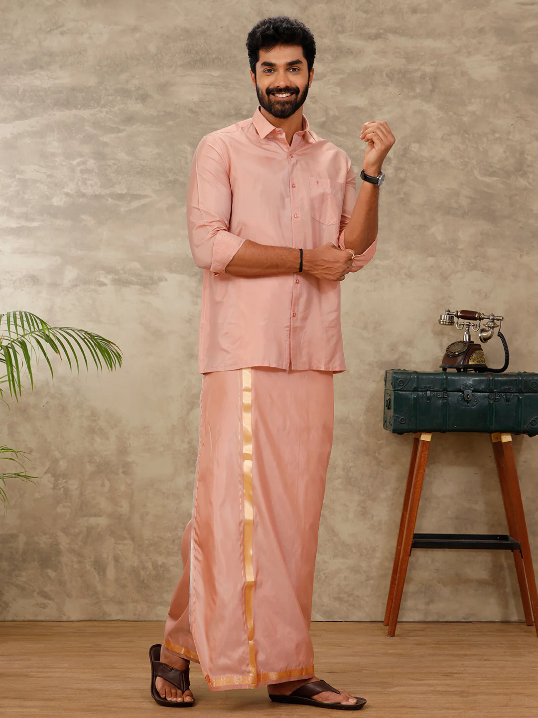 Men Art Silk Copper Tone Shirt & Dhoti Towel Set Swayamvara - Image 2