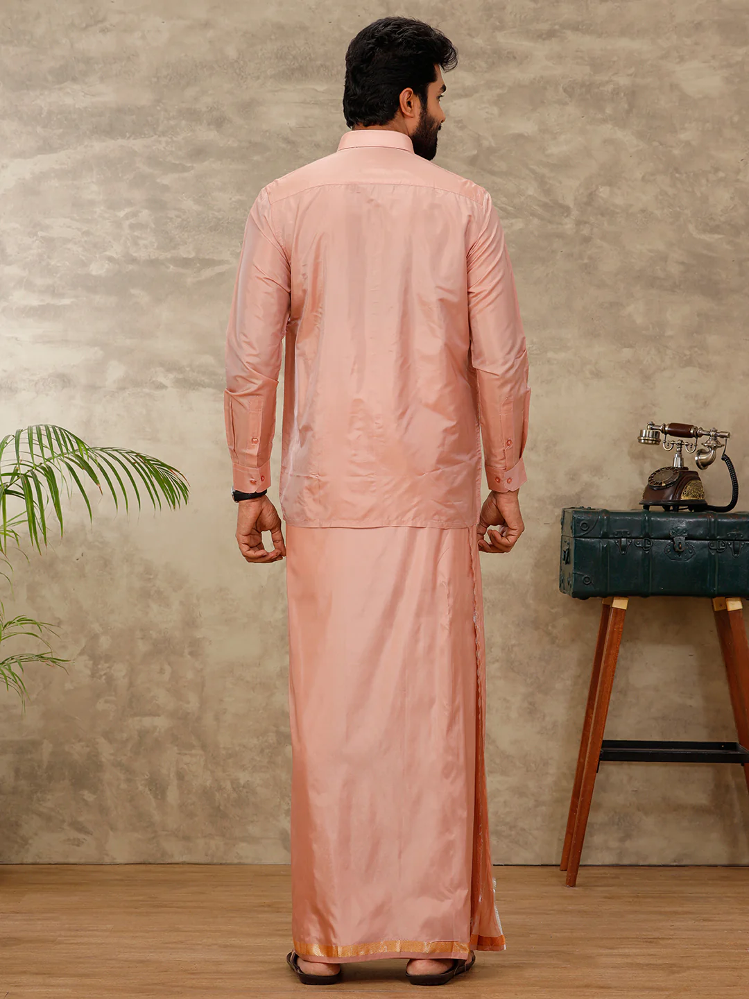 Men Art Silk Copper Tone Shirt & Dhoti Towel Set Swayamvara - Image 6