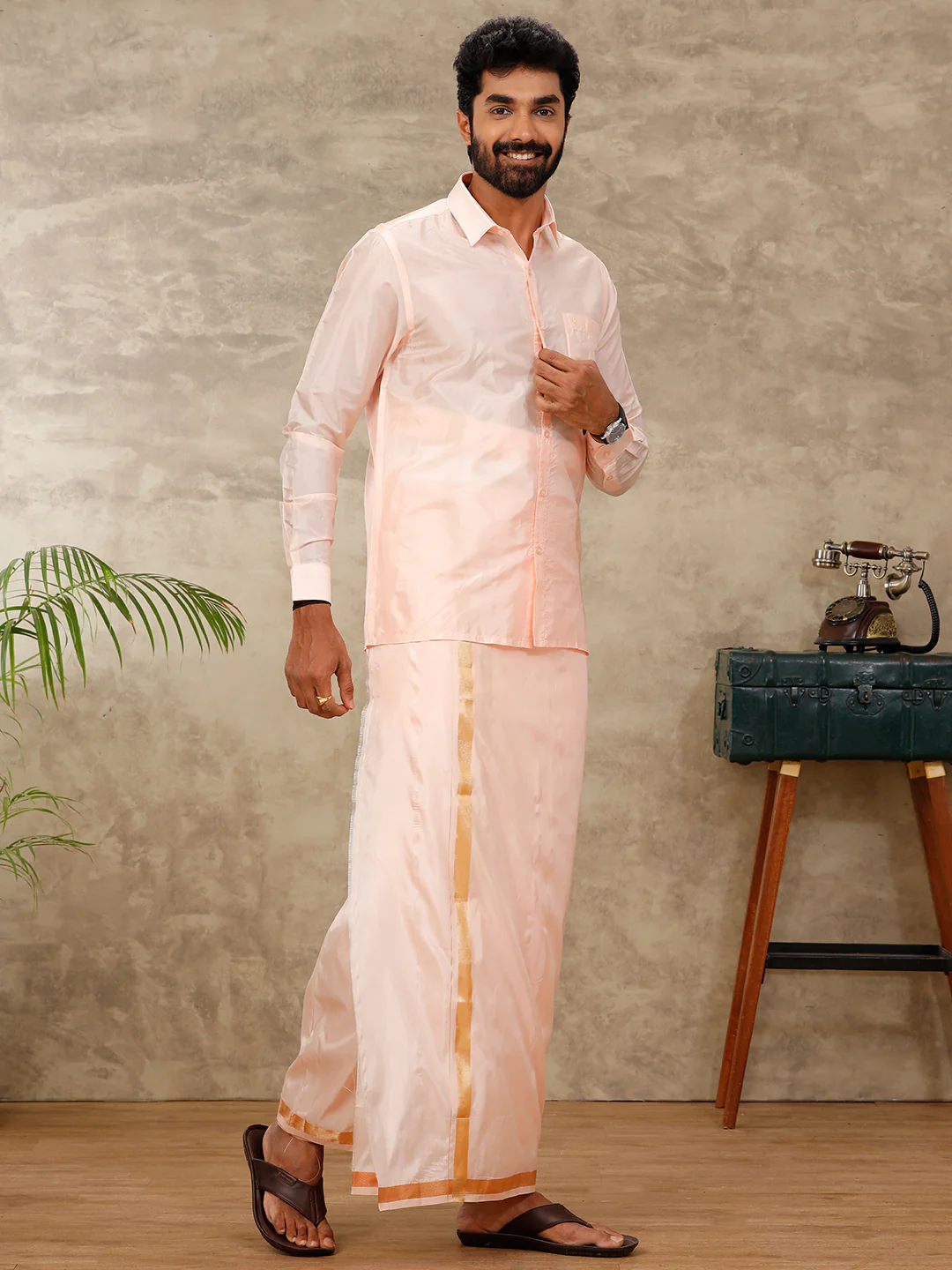 Men Art Silk Coral Pink Shirt & Dhoti Set Swayamvara - Image 2