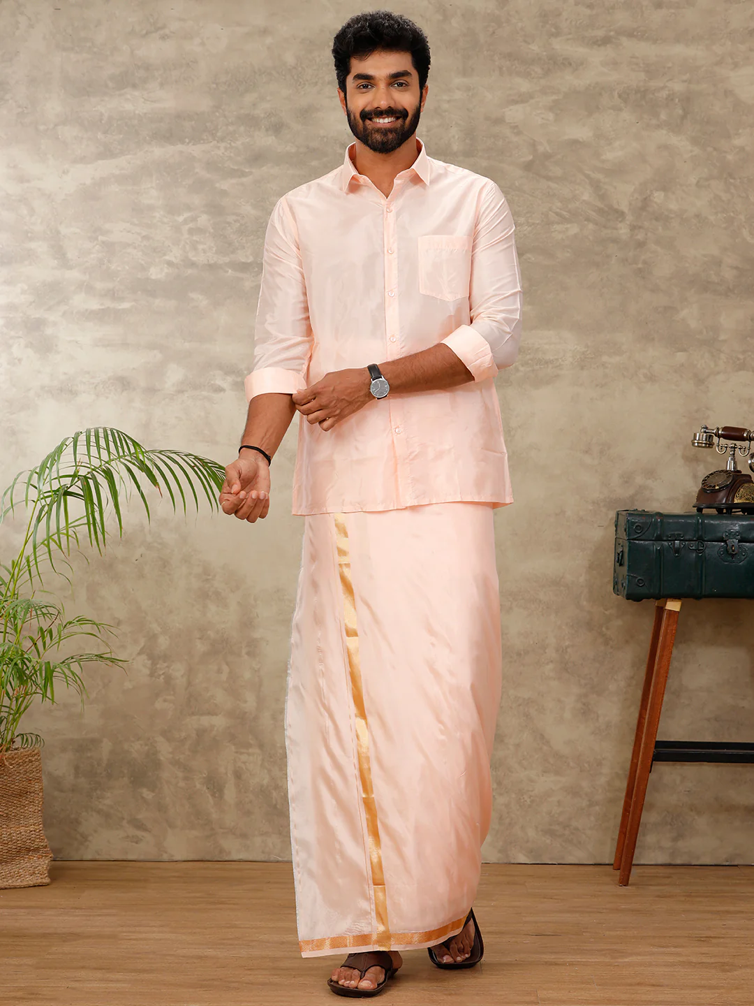 Men Art Silk Coral Pink Shirt & Dhoti Set Swayamvara - Image 3
