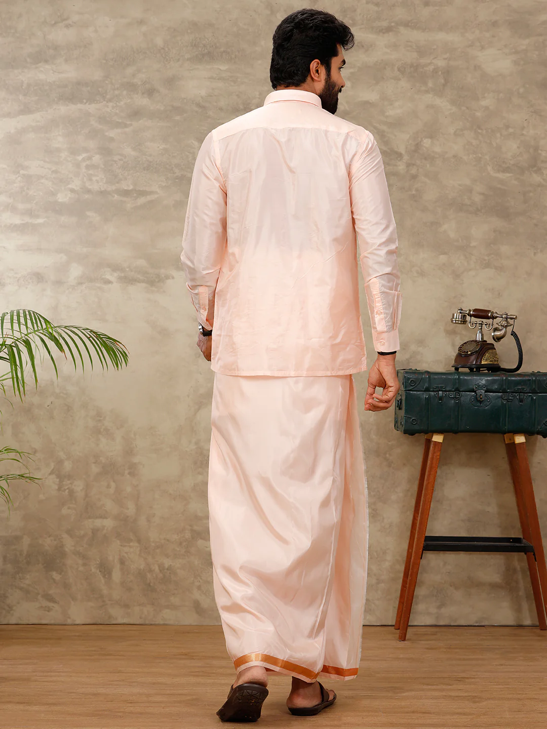 Men Art Silk Coral Pink Shirt & Dhoti Set Swayamvara - Image 6