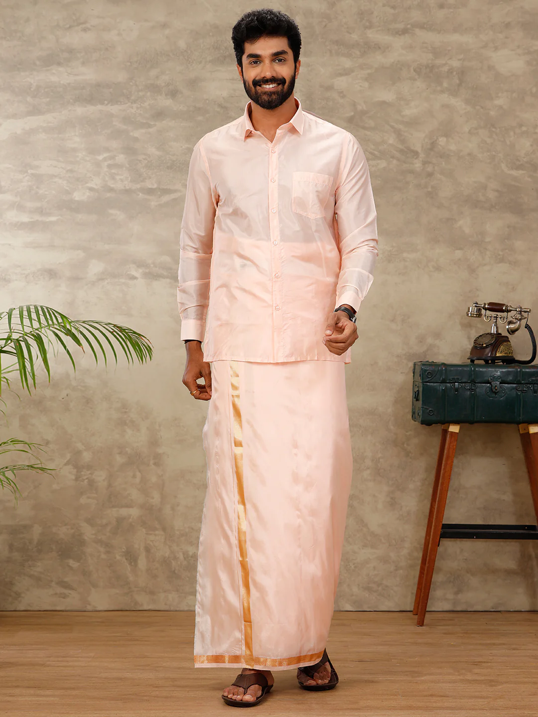 Men Art Silk Coral Pink Shirt & Dhoti Towel Set Swayamvara - Image 2