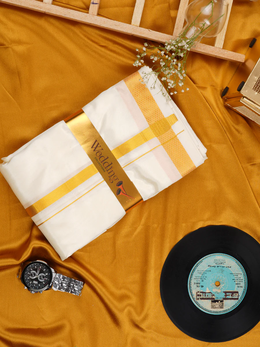 Men Art Silk Cream Panchakacham with Angavasthram Set Mangala Charan (8+4) - Image 4