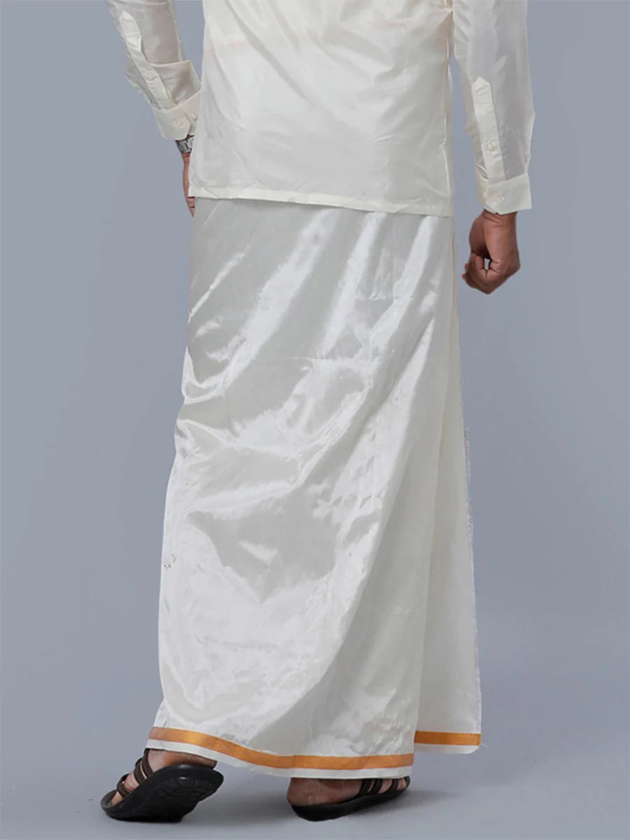 Men Art Silk Cream Double Layer Dhoti with Gold Jari Border Kara Yoga 80k - Image 3