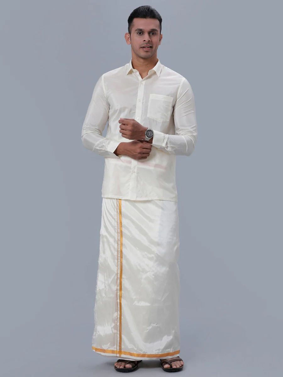 Men Art Silk Cream Double Layer Dhoti with Gold Jari Border Kara Yoga 80k - Image 5