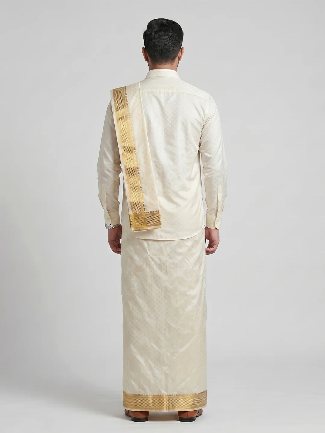 Men Art Silk Cream Self Design Shirt & Dhoti Towel Set Parinayam Grand CRJD1 - Image 5