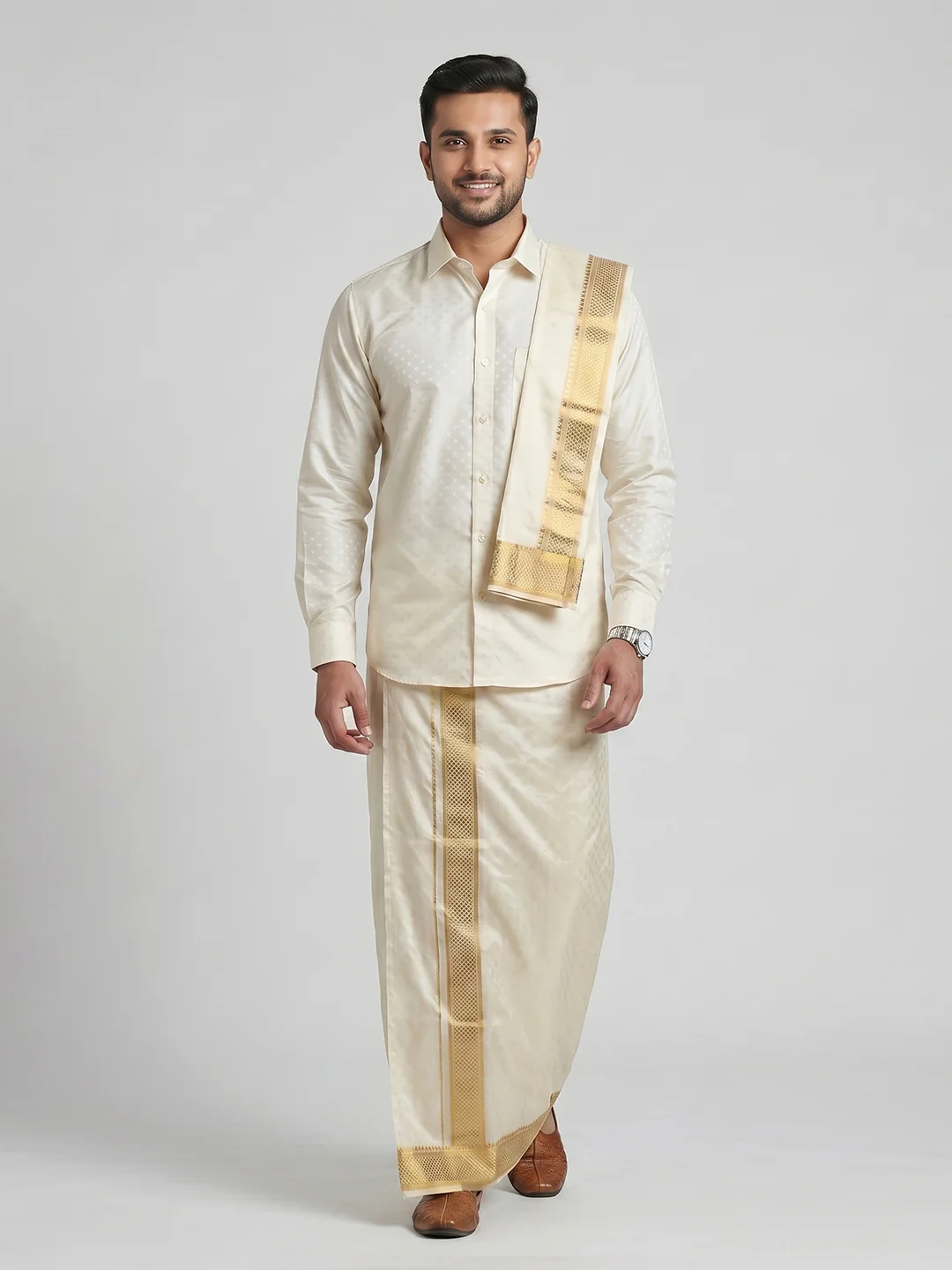 Men Art Silk Cream Self Design Shirt & Dhoti Towel Set Parinayam Grand CRJD1 - Image 6