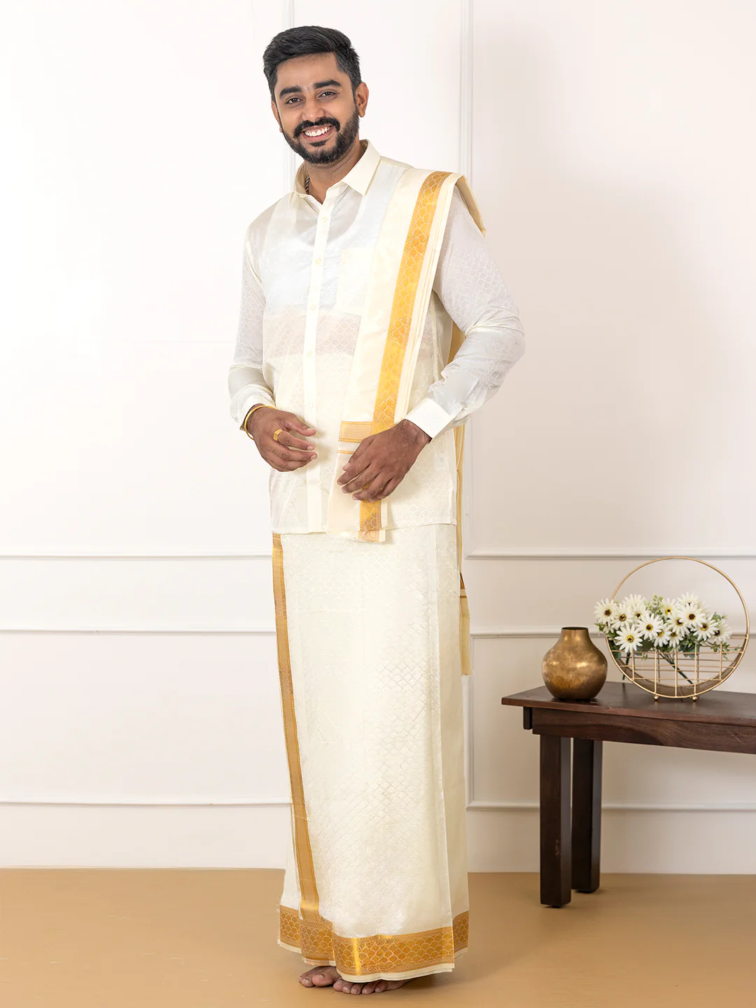 Men Art Silk Cream Self Design Shirt & Dhoti Towel Set Parinayam Grand CRJD2 - Image 2