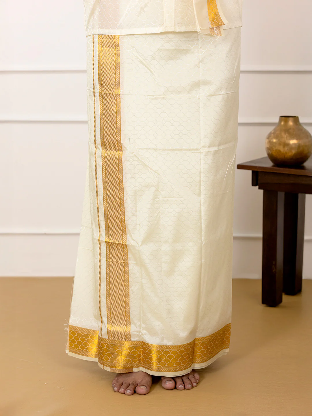 Men Art Silk Cream Self Design Shirt & Dhoti Towel Set Parinayam Grand CRJD2 - Image 3
