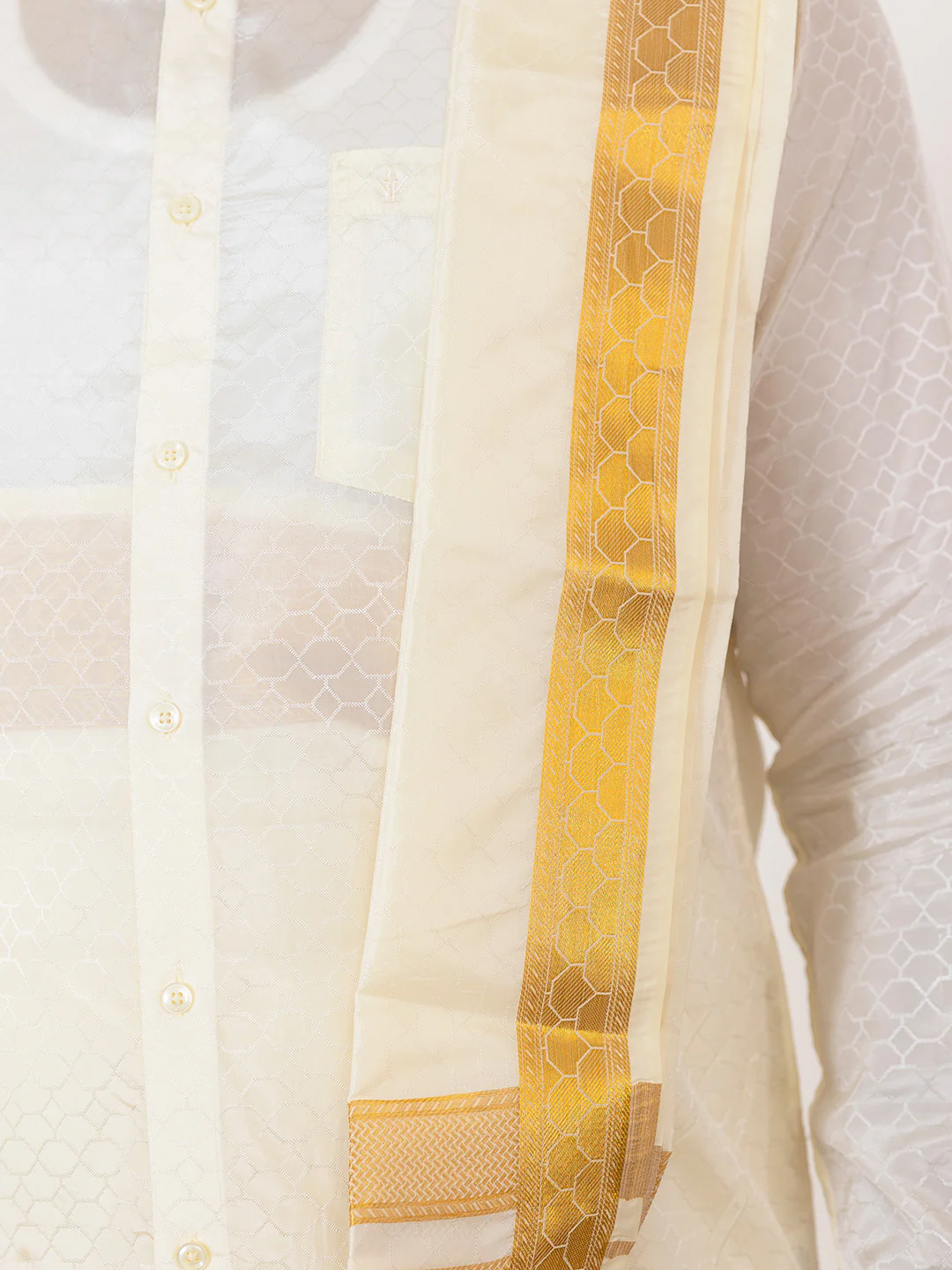 Men Art Silk Cream Self Design Shirt & Dhoti Towel Set Parinayam Grand CRJD2 - Image 4