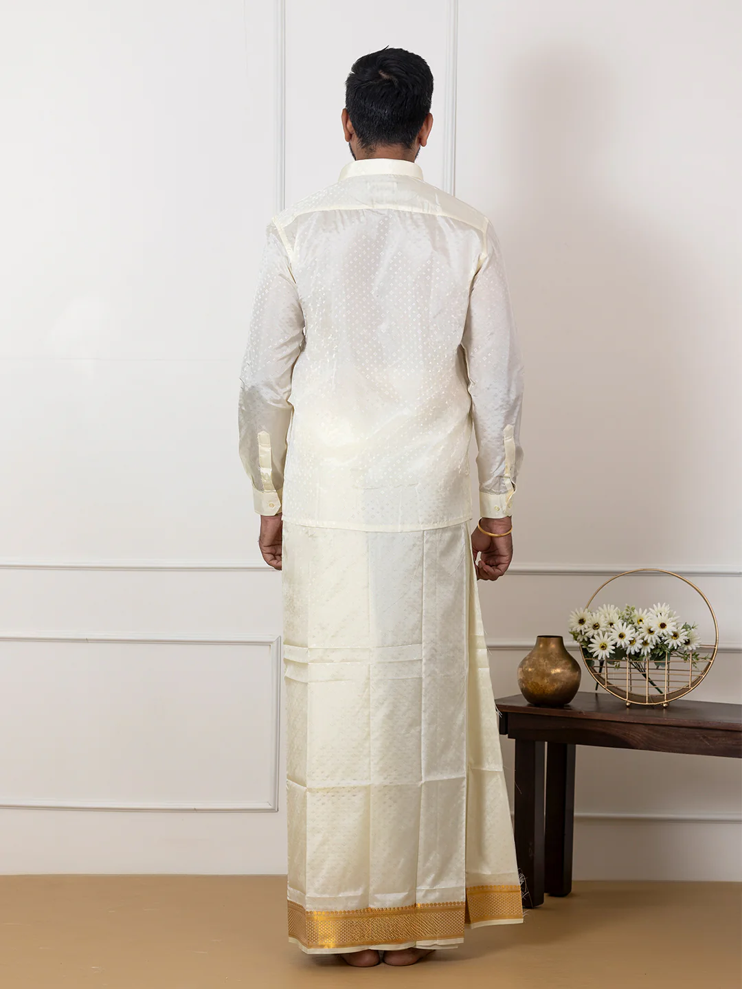 Men Art Silk Cream Self Design Shirt & Dhoti Towel Set Parinayam Grand CRJD2 - Image 5