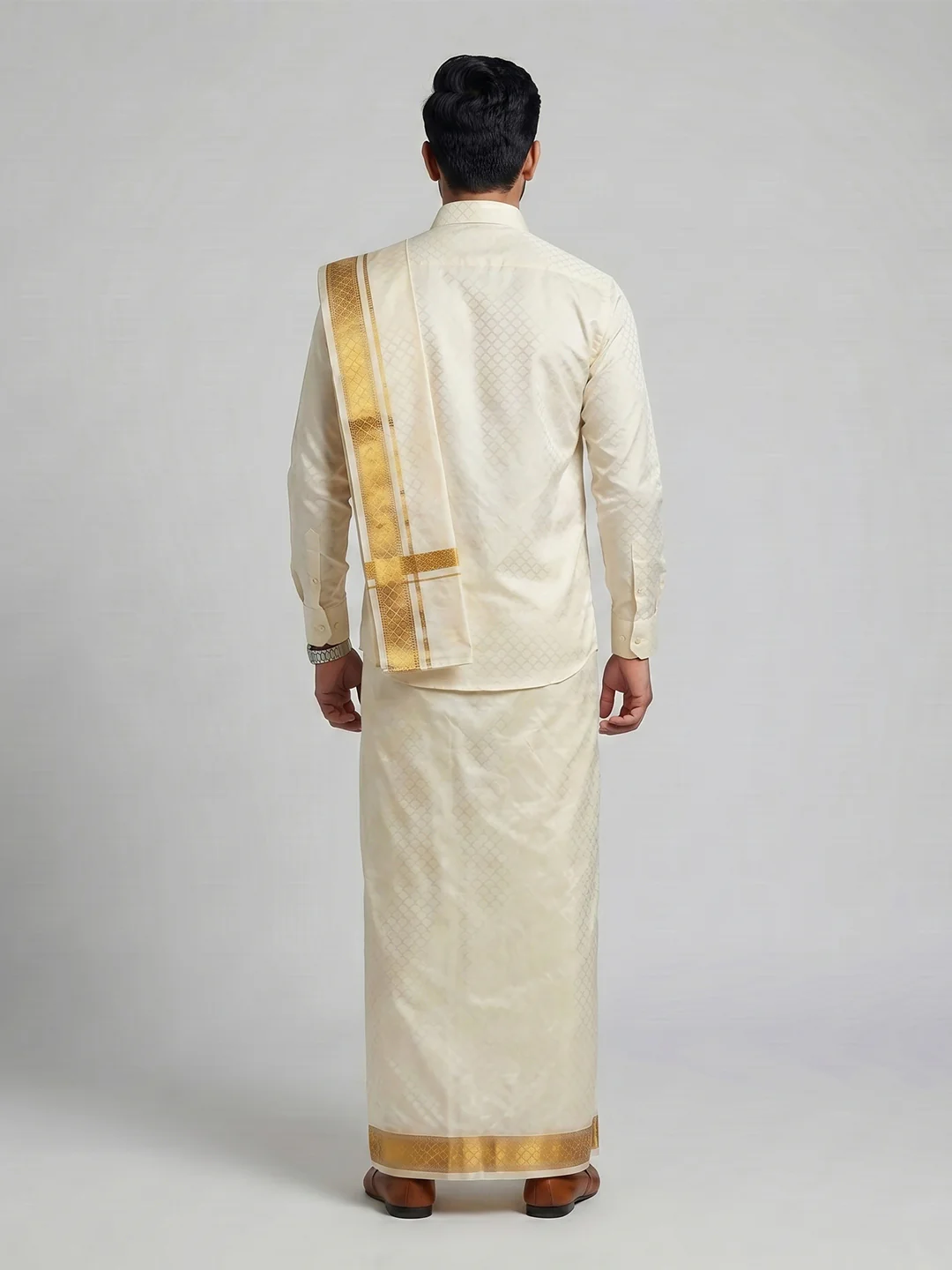 Men Art Silk Cream Self Design Shirt & Dhoti Towel Set Parinayam Grand CRJD3 - Image 5