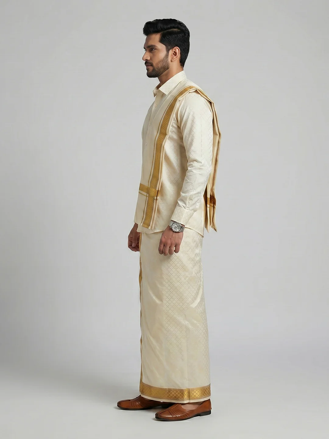 Men Art Silk Cream Self Design Shirt & Dhoti Towel Set Parinayam Grand CRJD3 - Image 6