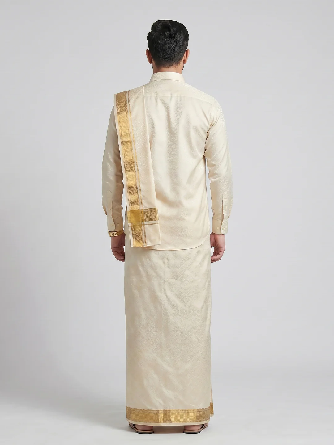 Men Art Silk Cream Self Design Shirt & Dhoti Towel Set Parinayam Grand CRJD4 - Image 5