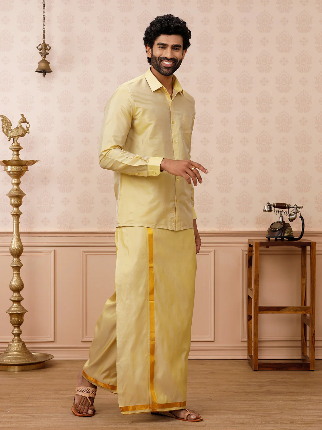 Men Art Silk Dark Gold Shirt & Dhoti Set Swayamvara - Image 2