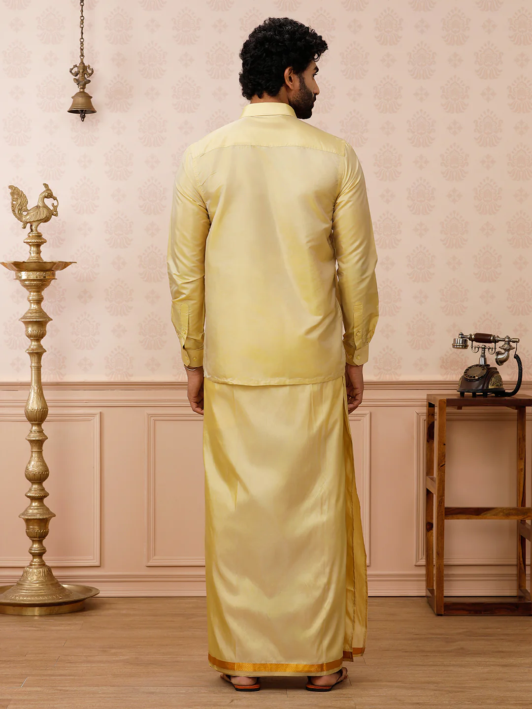 Men Art Silk Dark Gold Shirt & Dhoti Set Swayamvara - Image 3