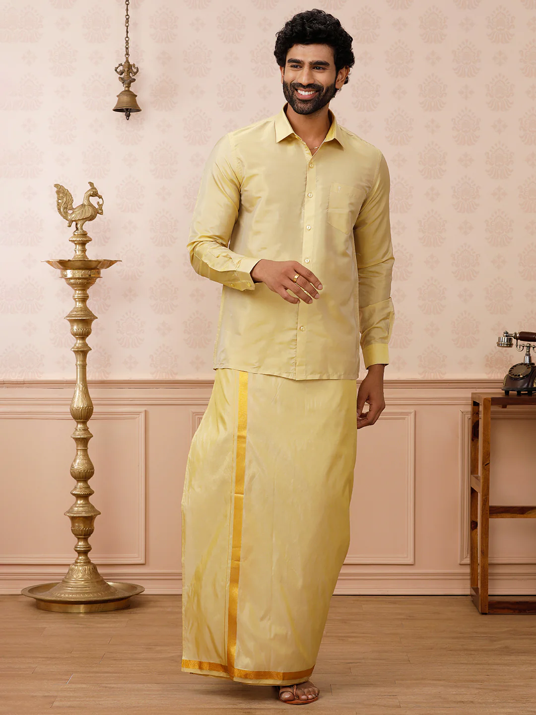 Men Art Silk Dark Gold Shirt & Dhoti Set Swayamvara - Image 6