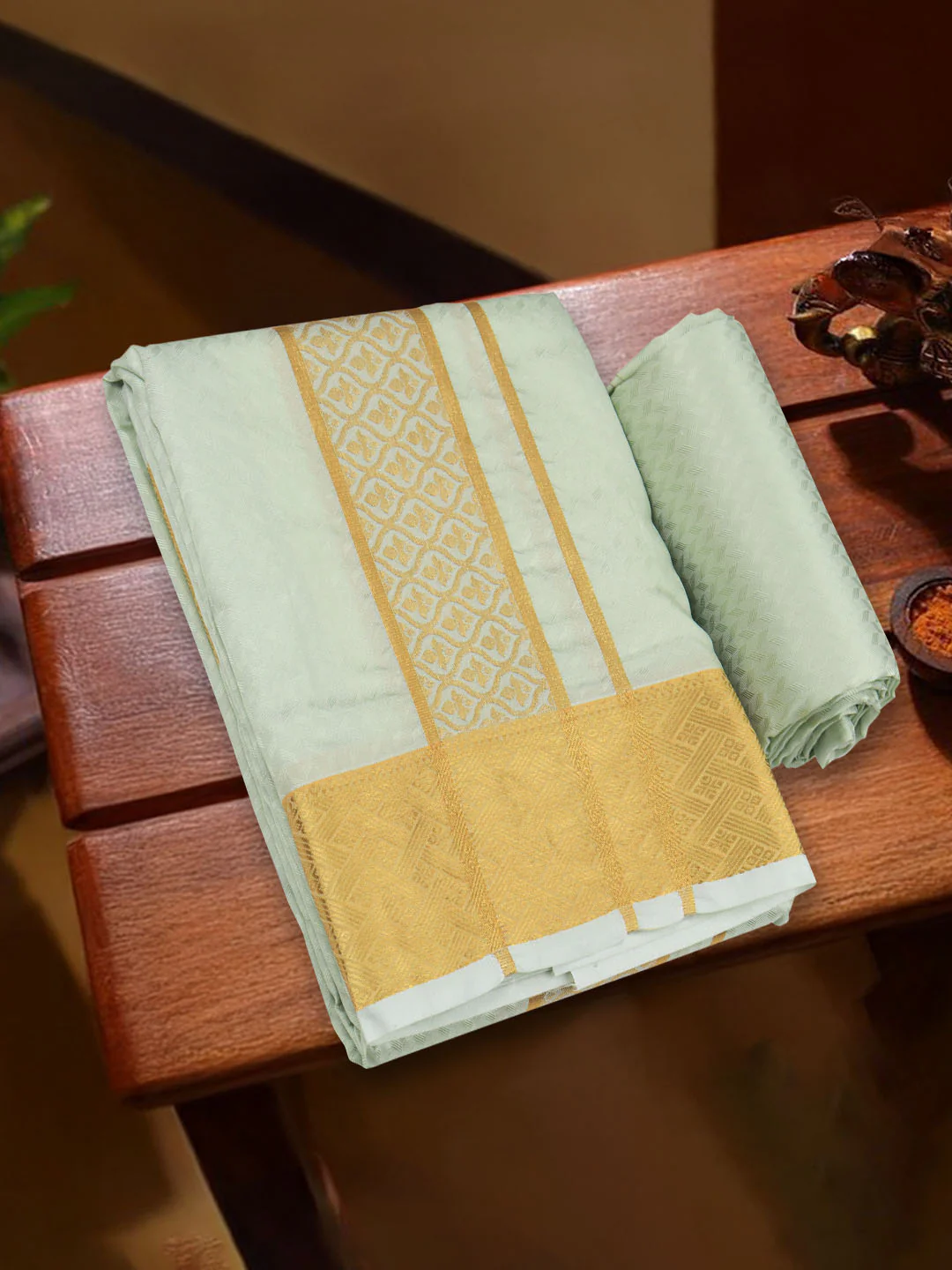 Men Art Silk Dhoti & Shirting Set Green Mangalakara 140k (2 in 1) M34 - Image 3