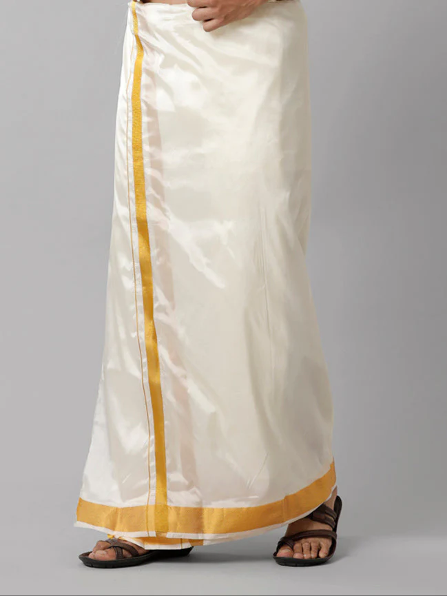 Men Art Silk Double Layer Cream Dhoti with 3/4 Gold Jari Border Yoga - Image 2