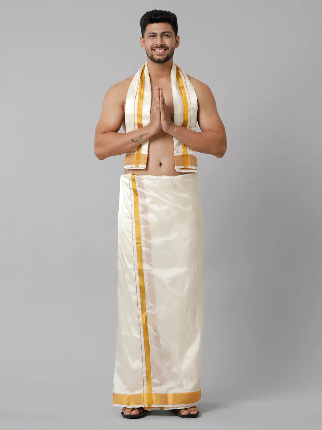 Men Art Silk Double Layer Cream Dhoti with 3/4 Gold Jari Border Yoga - Image 3