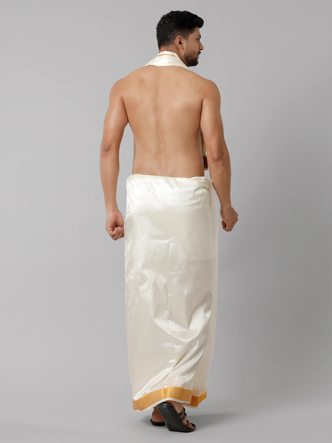 Men Art Silk Double Layer Cream Dhoti with 3/4 Gold Jari Border Yoga - Image 4
