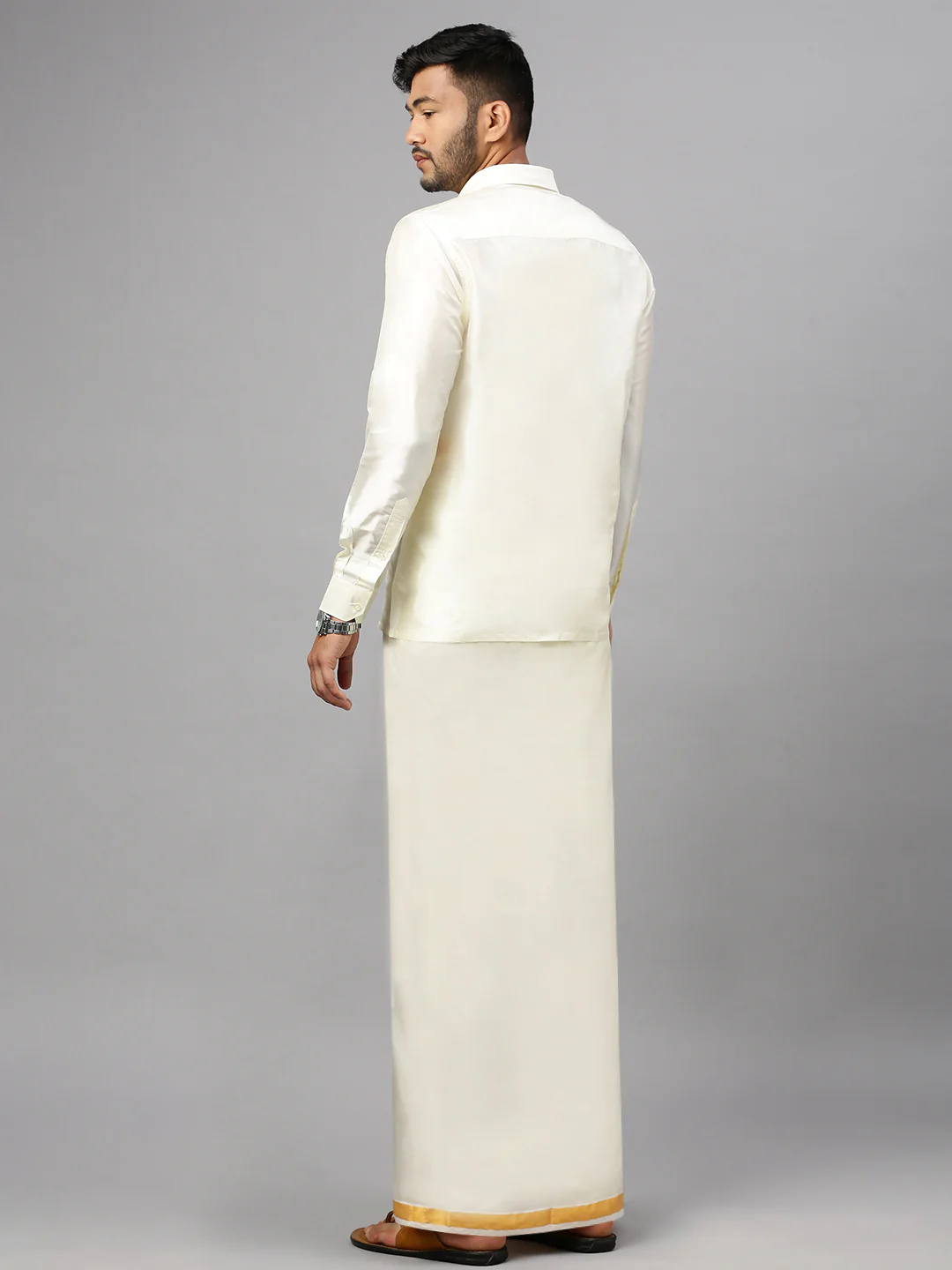Men Art Silk Double Layer Cream Dhoti with Gold Jari Border Kara Yoga 50k - Image 3