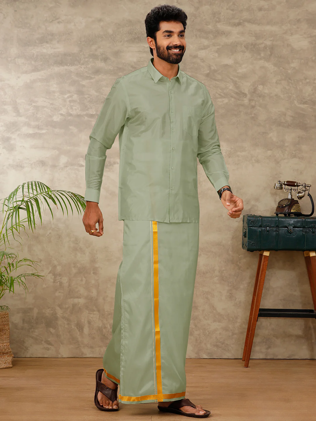 Men Art Silk Fir Green Shirt & Dhoti Towel Set Swayamvara - Image 2
