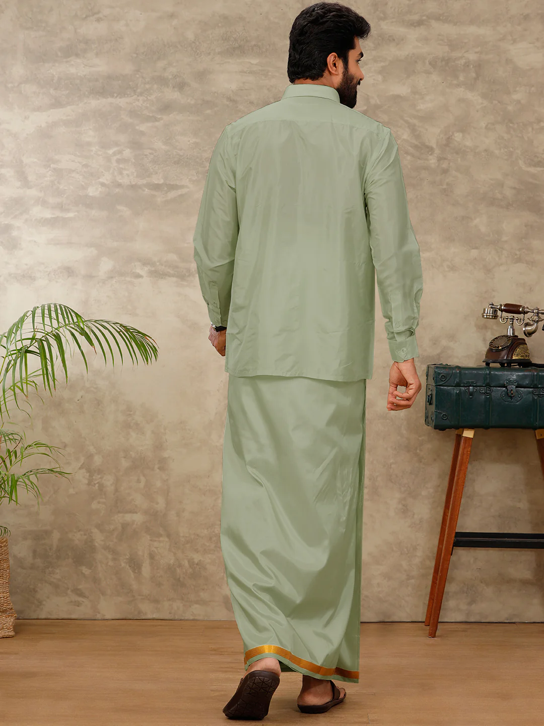 Men Art Silk Fir Green Shirt & Dhoti Towel Set Swayamvara - Image 3