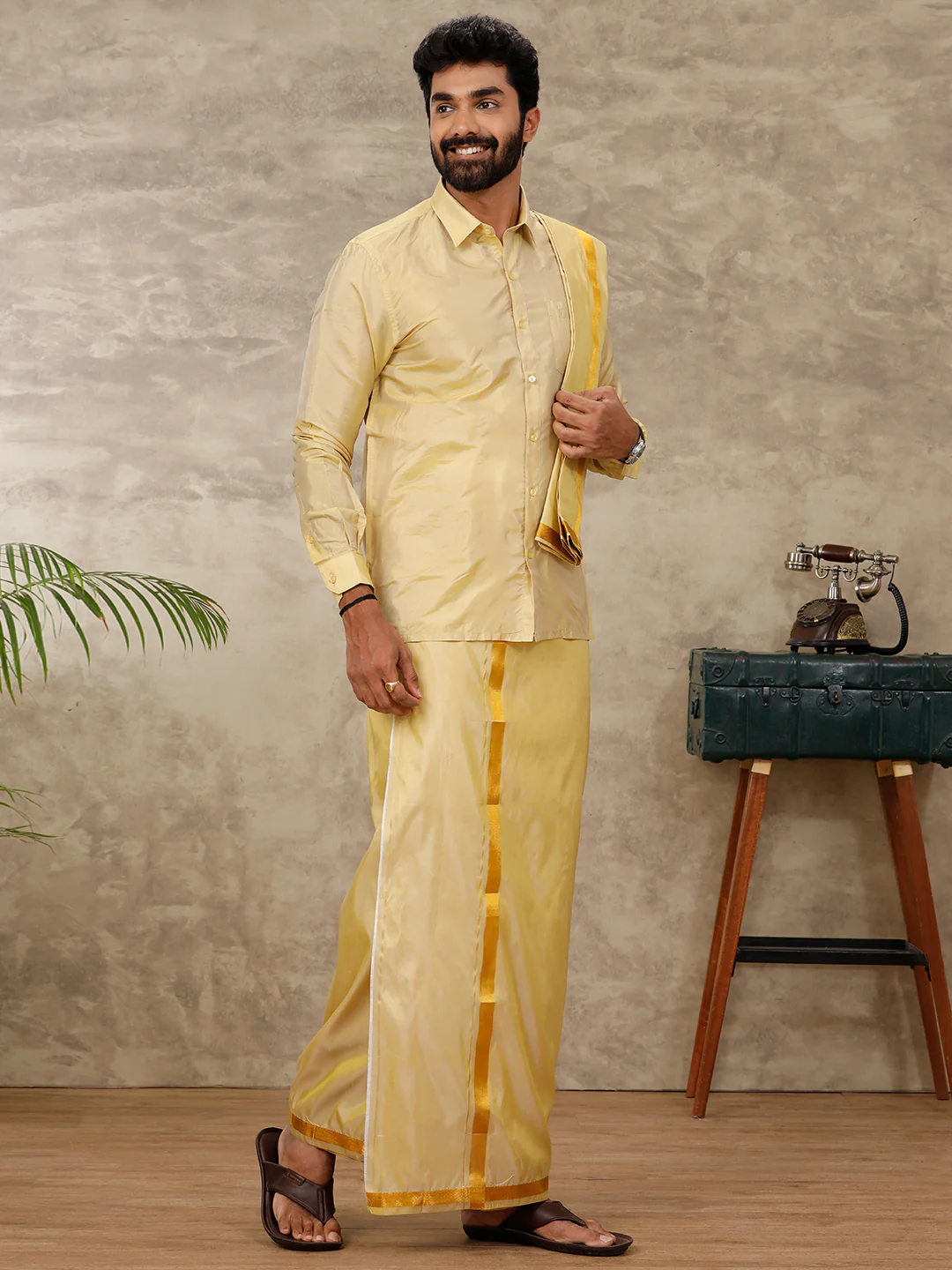 Men Art Silk Gold Shirt & Dhoti Towel Set Swayamvara - Image 2