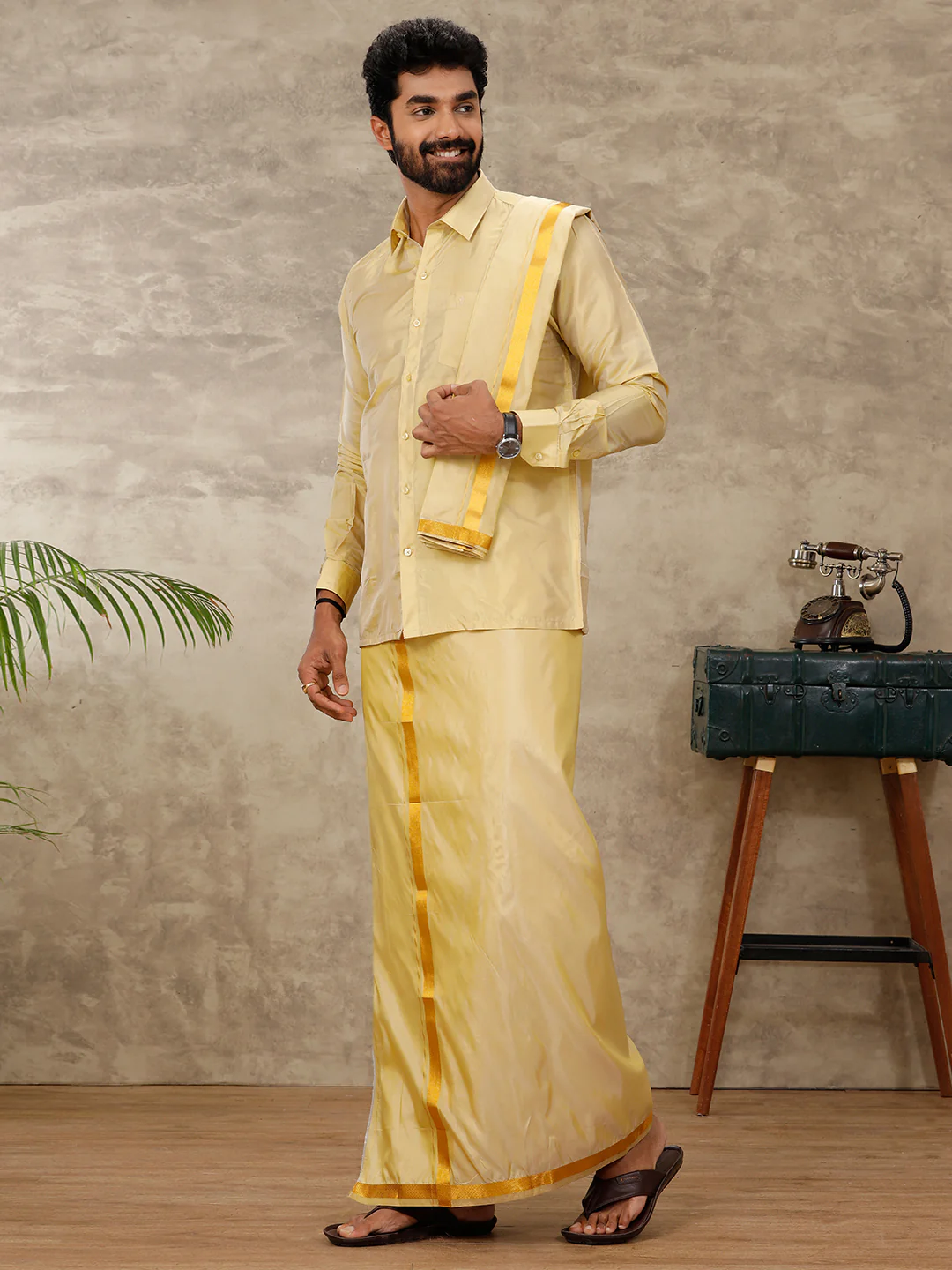 Men Art Silk Gold Shirt & Dhoti Towel Set Swayamvara - Image 3