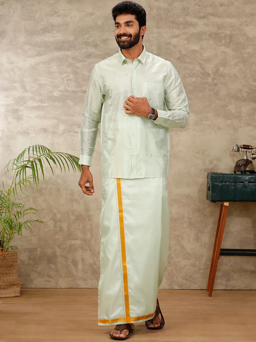 Men Art Silk Green Shirt & Dhoti Towel Set Swayamvara - Image 4