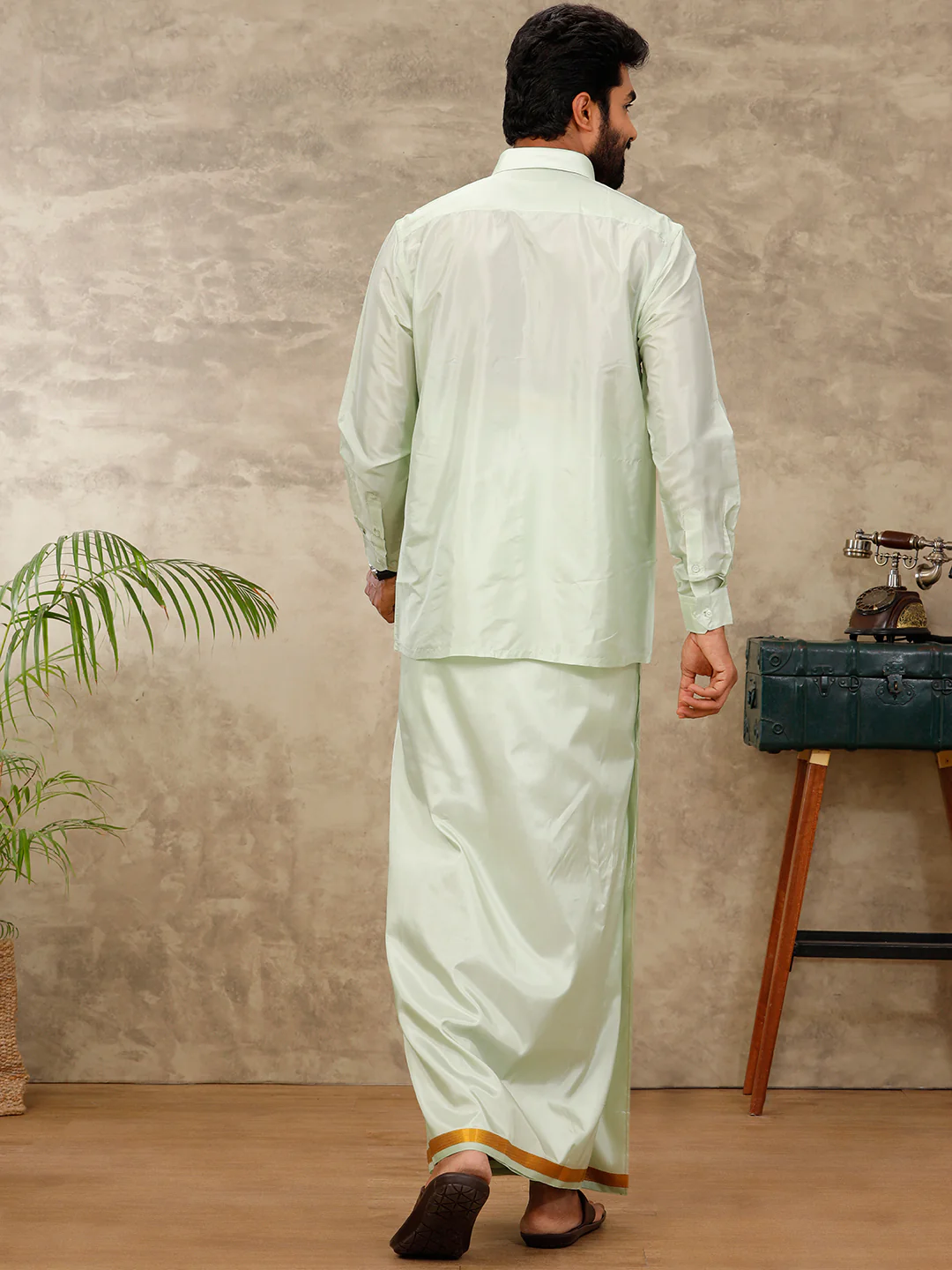 Men Art Silk Green Shirt & Dhoti Towel Set Swayamvara - Image 5