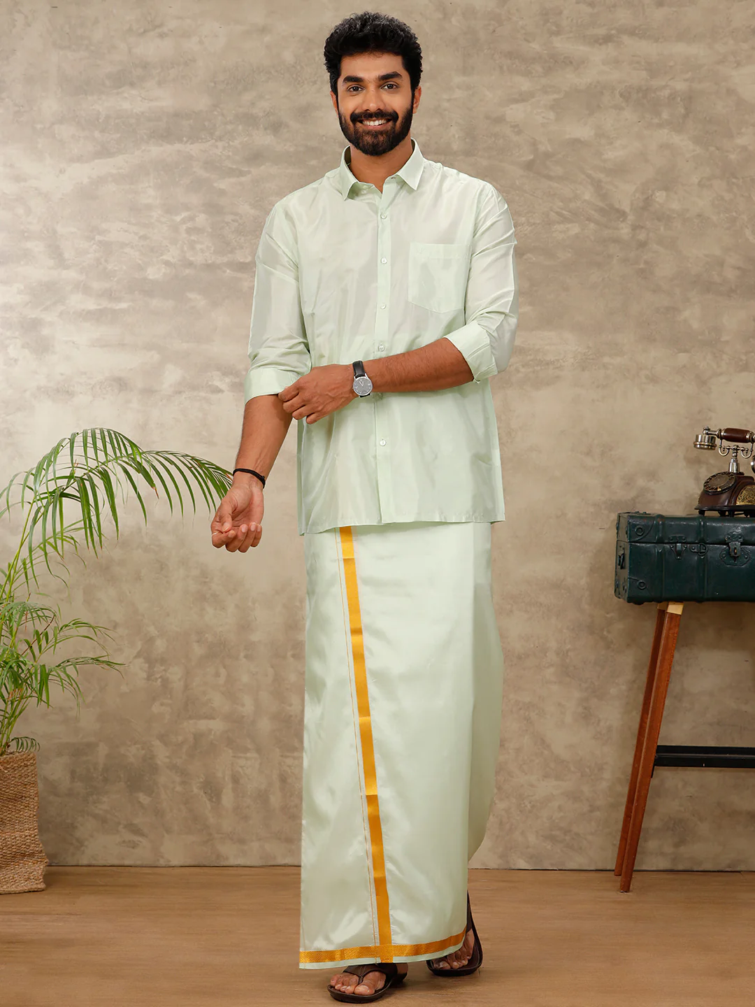 Men Art Silk Green Shirt & Dhoti Towel Set Swayamvara - Image 7