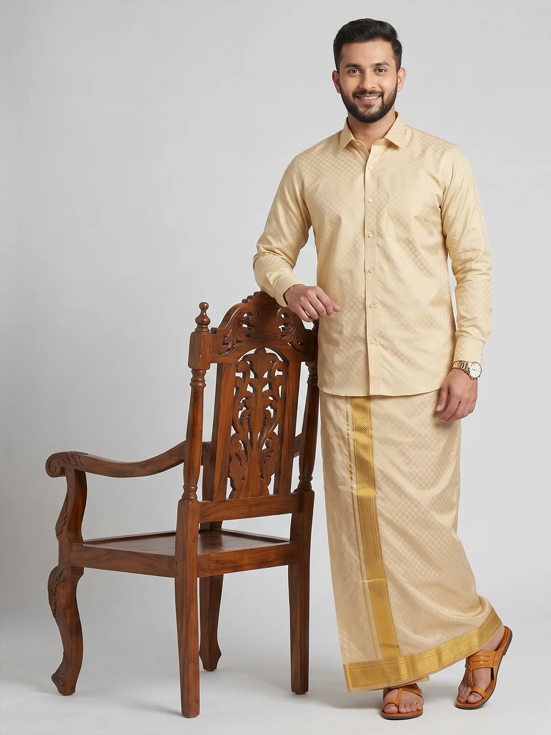 Men Art Silk Jacquard Design Shirt Dhoti & Towel Set Fresh Peach Swayamvara Grand FPJD1 - Image 2