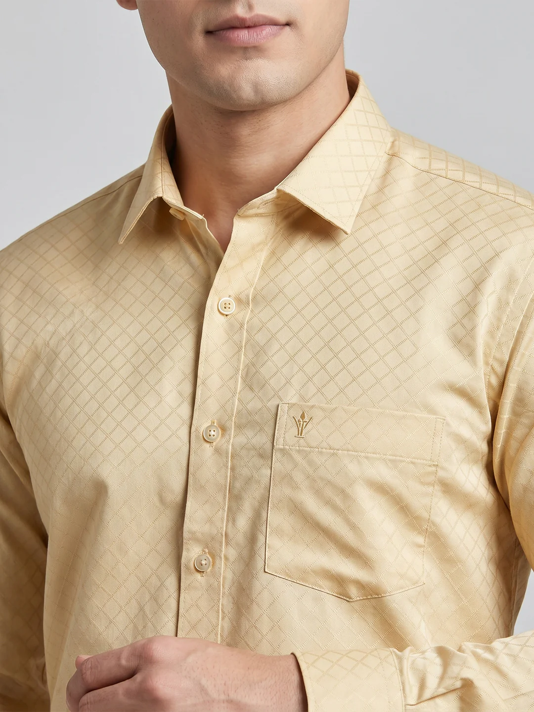 Men Art Silk Jacquard Design Shirt Dhoti & Towel Set Fresh Peach Swayamvara Grand FPJD1 - Image 3