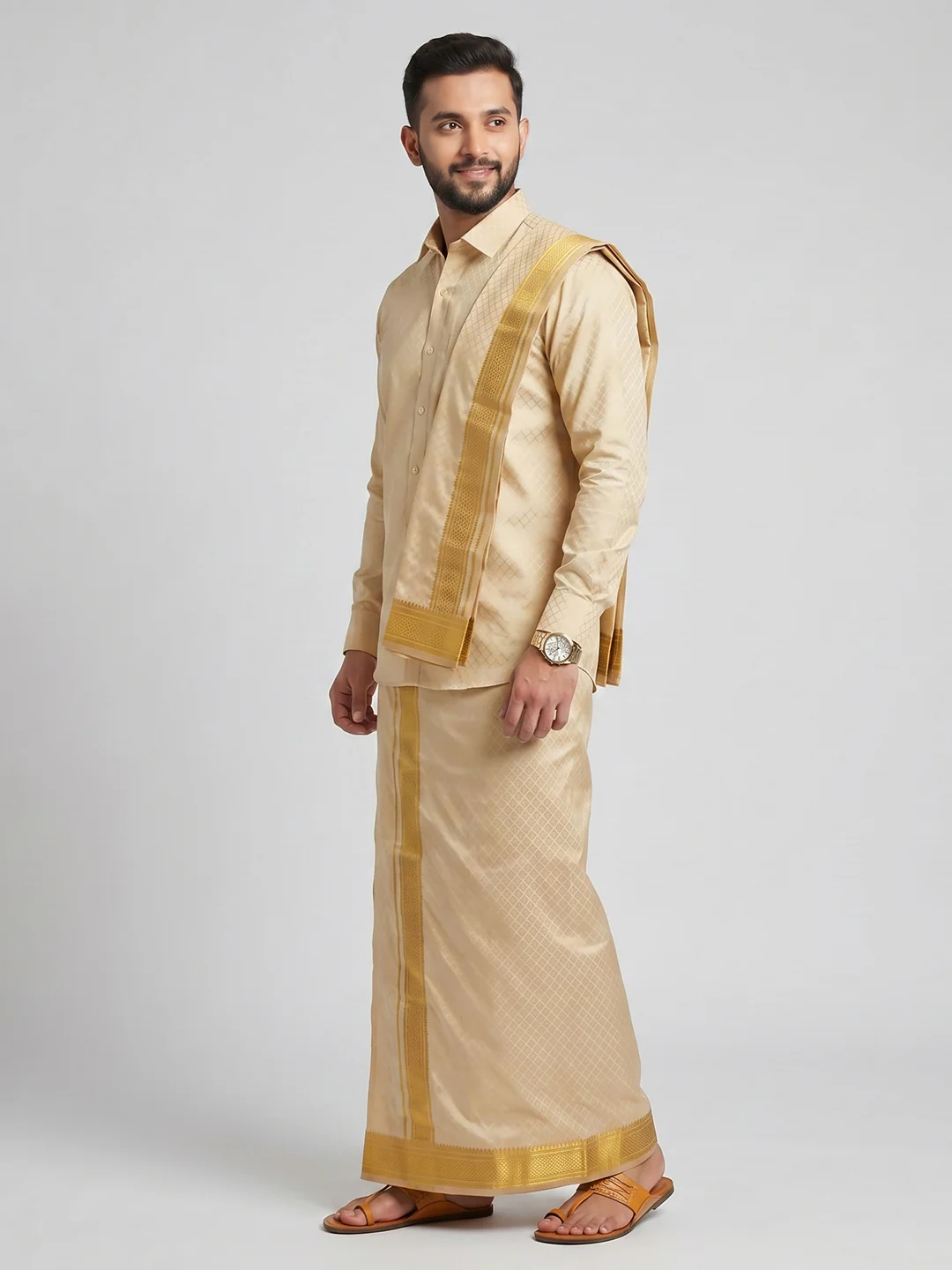 Men Art Silk Jacquard Design Shirt Dhoti & Towel Set Fresh Peach Swayamvara Grand FPJD1 - Image 4