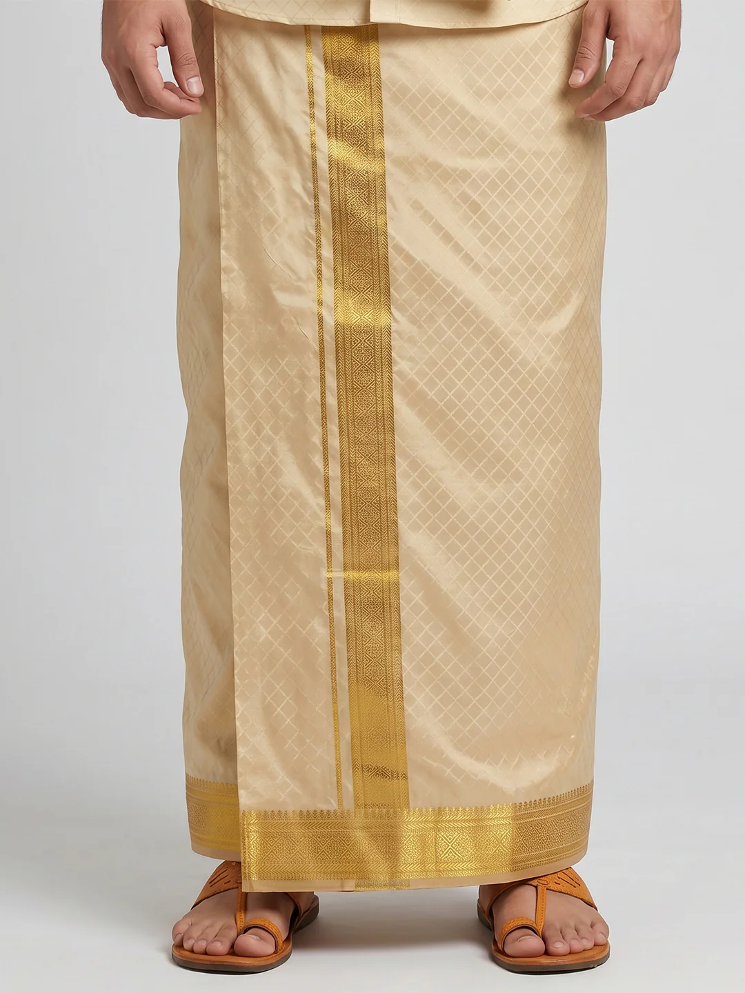 Men Art Silk Jacquard Design Shirt Dhoti & Towel Set Fresh Peach Swayamvara Grand FPJD1 - Image 5