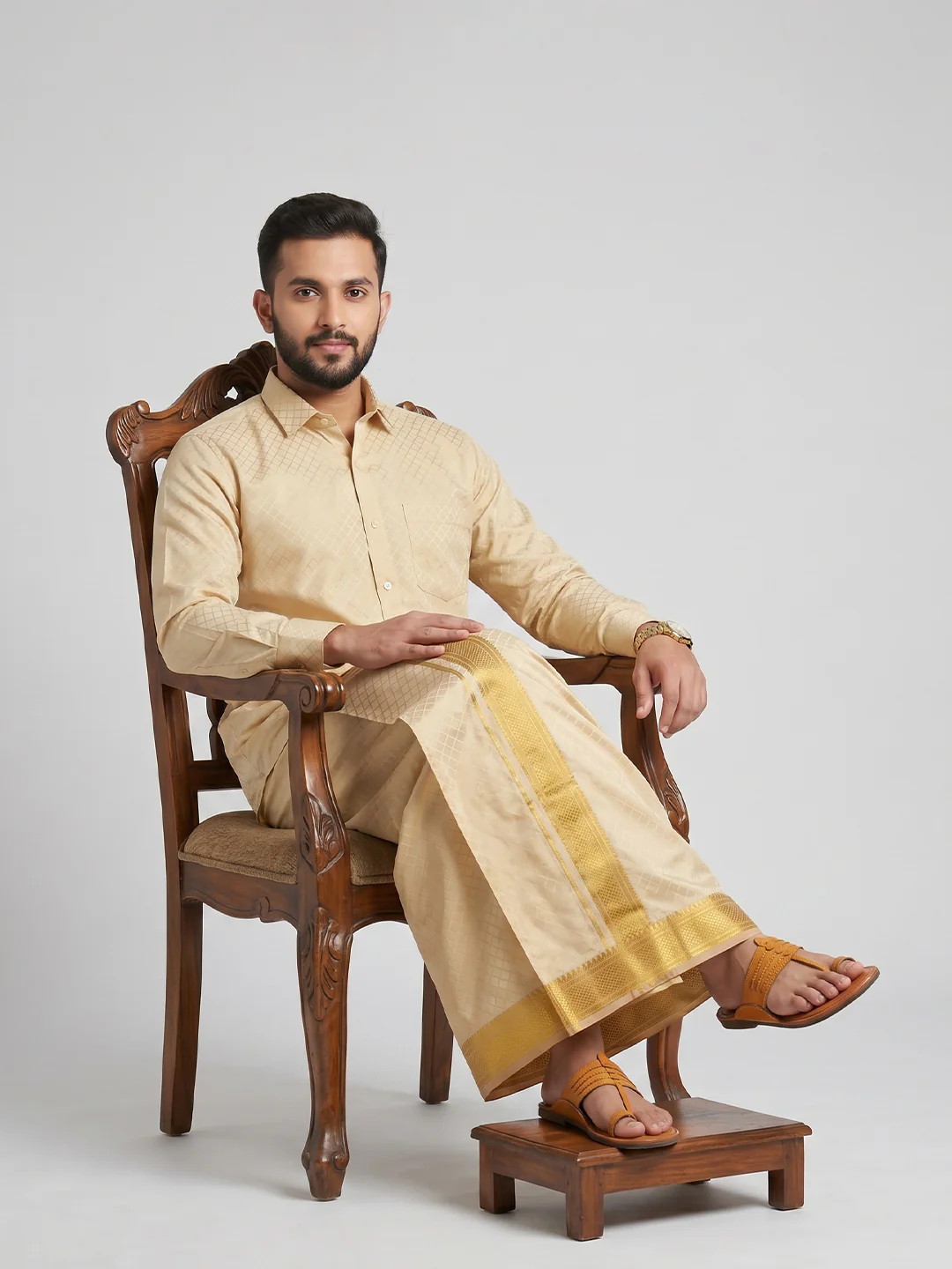Men Art Silk Jacquard Design Shirt Dhoti & Towel Set Fresh Peach Swayamvara Grand FPJD1 - Image 6