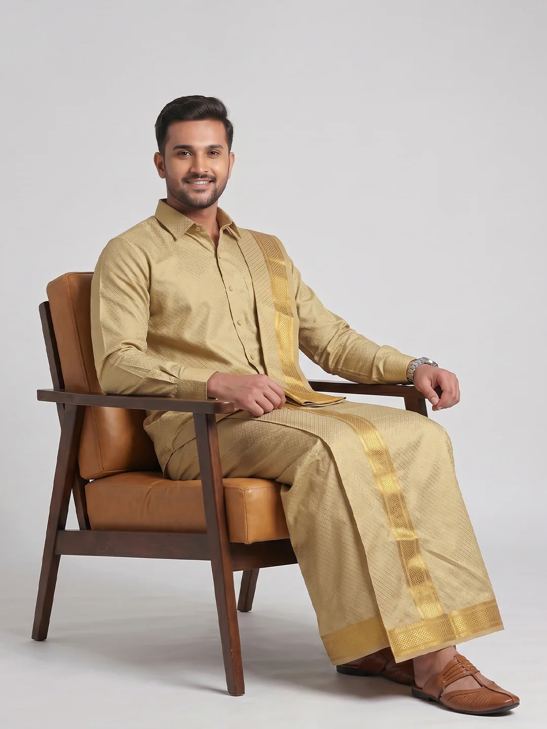 Men Art Silk Jacquard Design Shirt Dhoti & Towel Set Gold Swayamvara Grand DGJD1 - Image 2