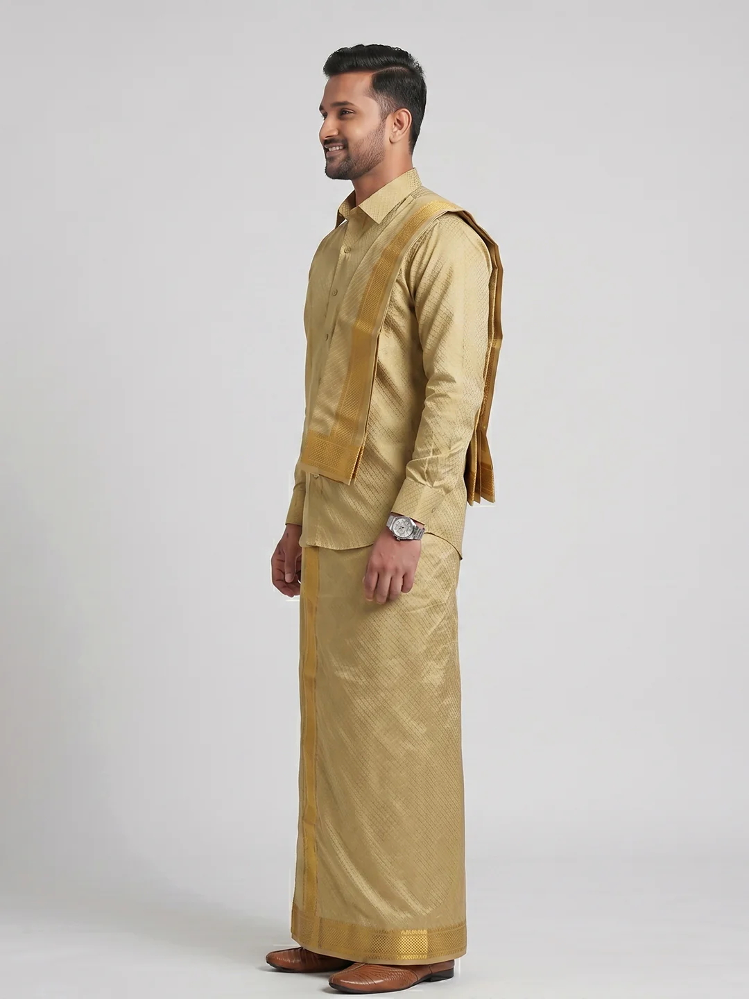 Men Art Silk Jacquard Design Shirt Dhoti & Towel Set Gold Swayamvara Grand DGJD1 - Image 5