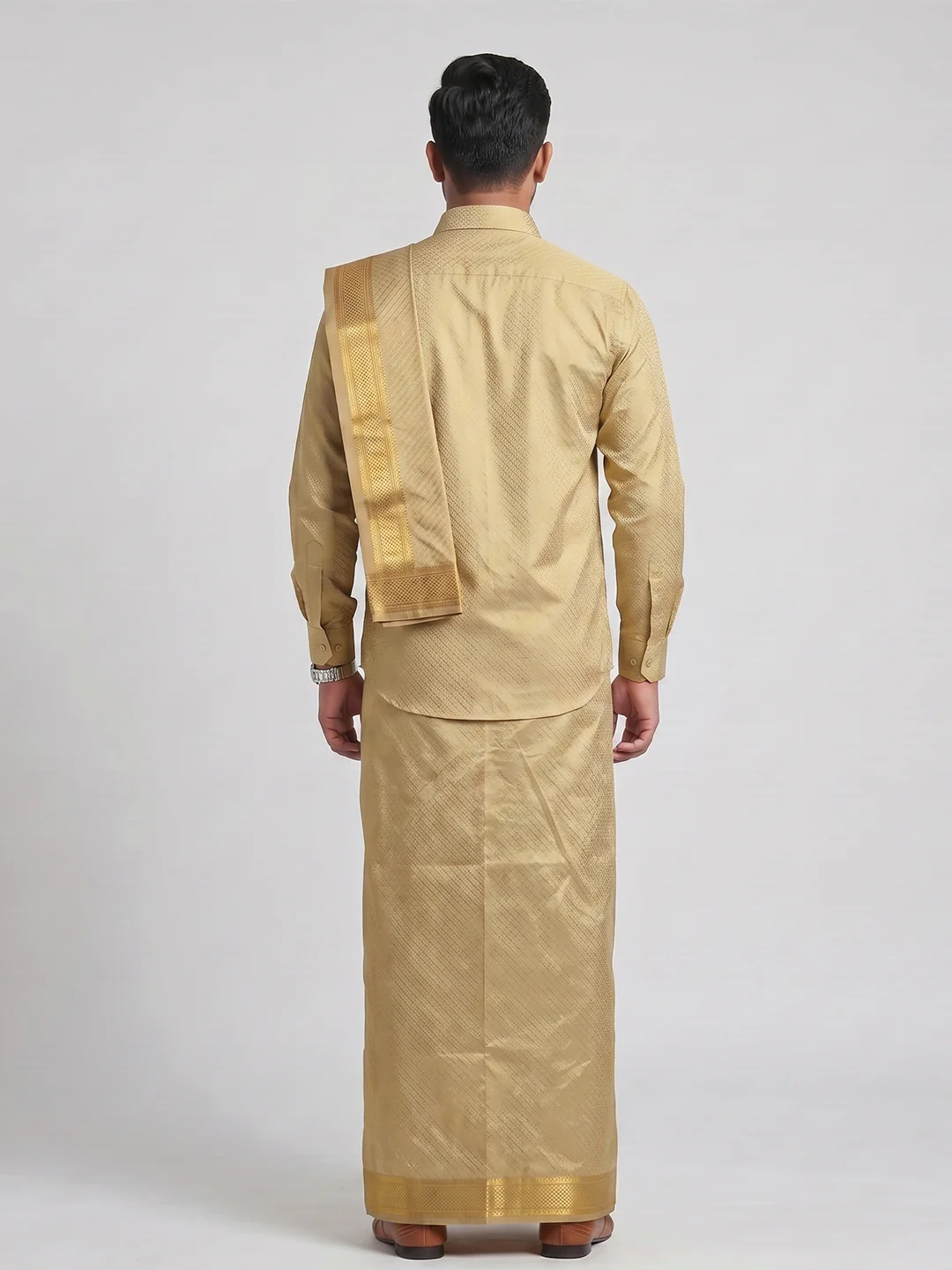 Men Art Silk Jacquard Design Shirt Dhoti & Towel Set Gold Swayamvara Grand DGJD1 - Image 6