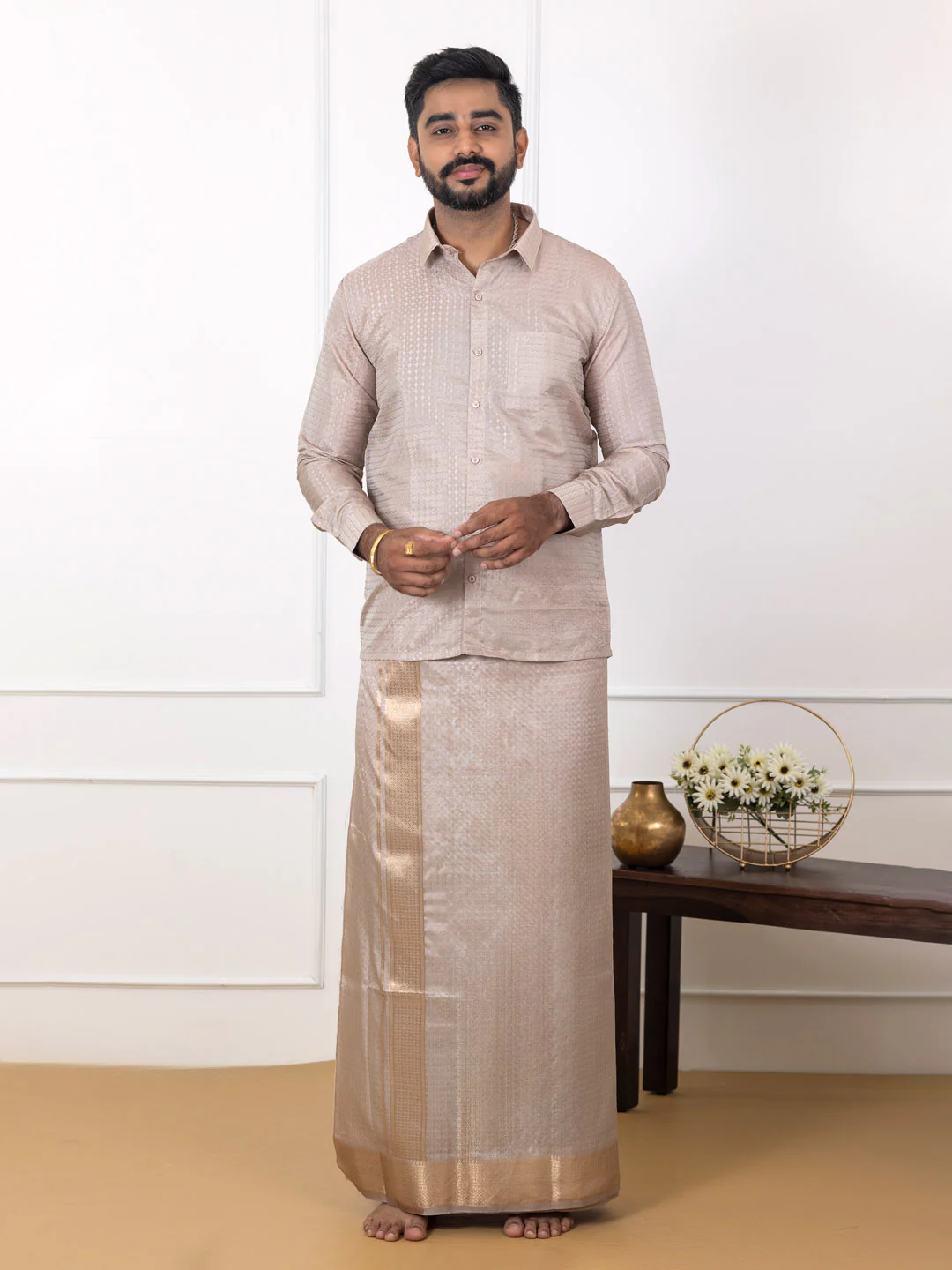 Men Art Silk Jacquard Design Shirt Dhoti & Towel Set Sand Stone Swayamvara Grand SSJD1 - Image 2