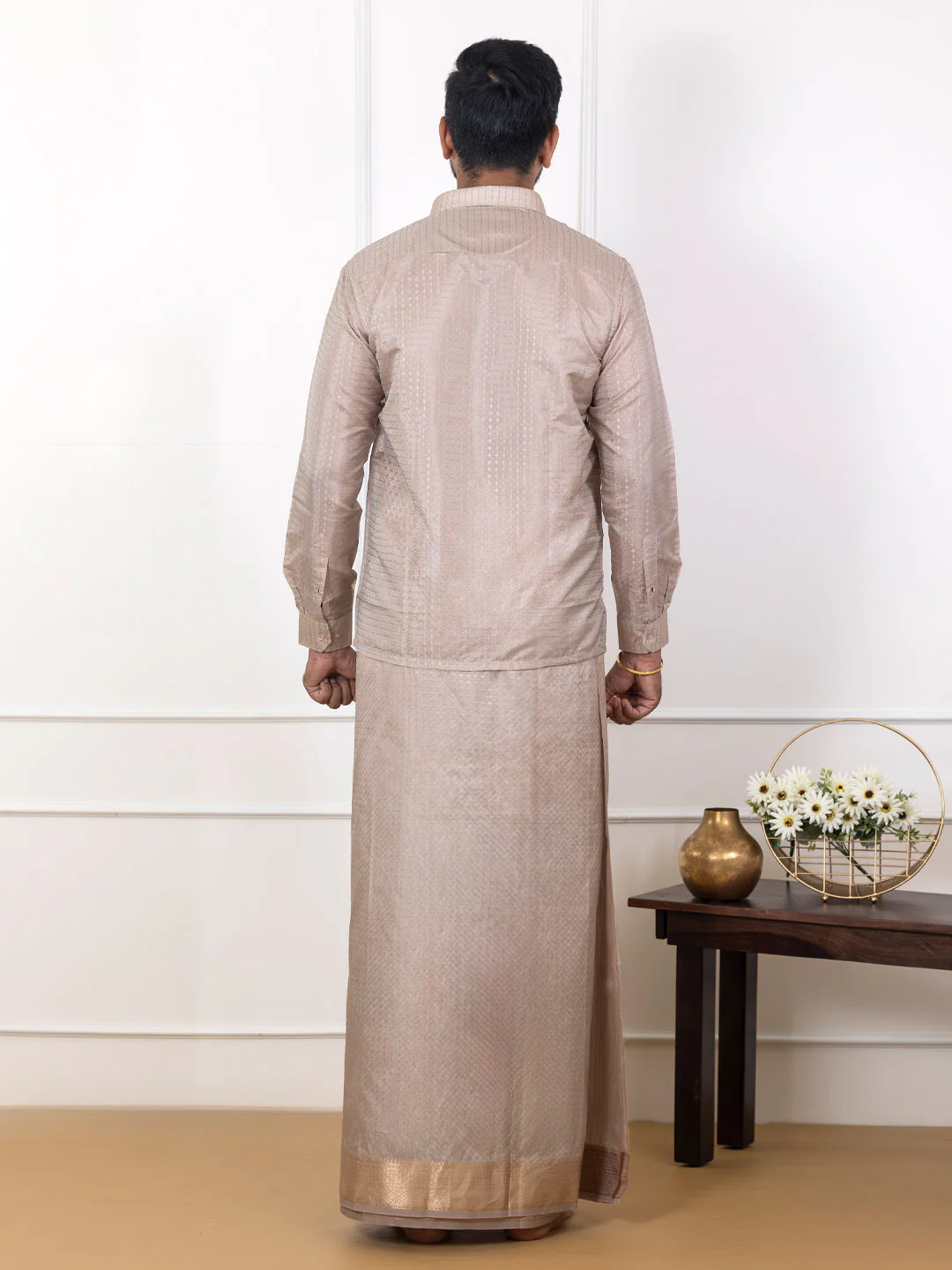 Men Art Silk Jacquard Design Shirt Dhoti & Towel Set Sand Stone Swayamvara Grand SSJD1 - Image 3