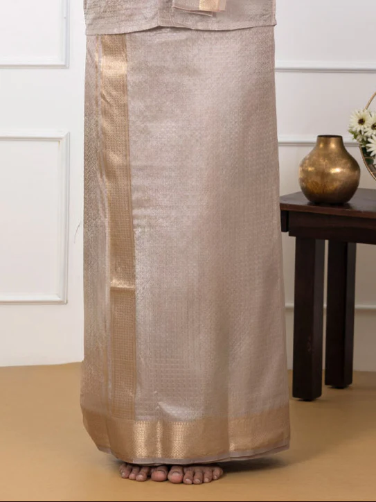 Men Art Silk Jacquard Design Shirt Dhoti & Towel Set Sand Stone Swayamvara Grand SSJD1 - Image 4